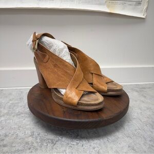 Sofft Tan Leather Heels with‎ Cross-Strap Design